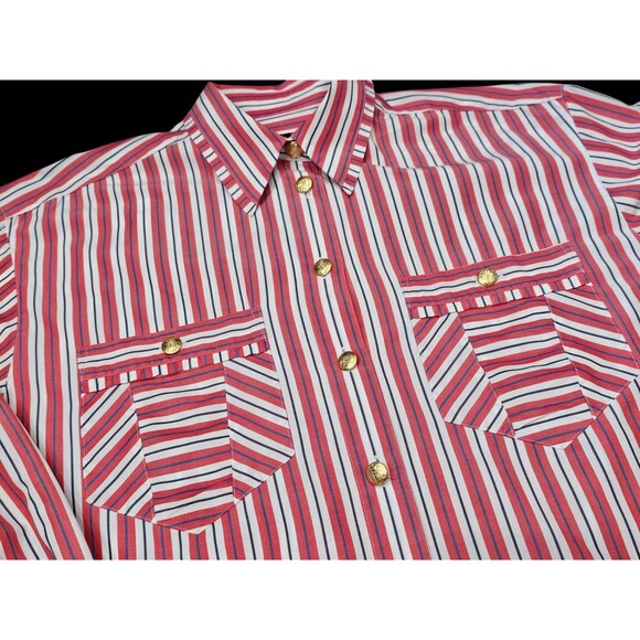 Vintage 90s Escada Sport Shirt Womens M Striped Gold Logo Buttons Pockets Blouse - Picture 12 of 13